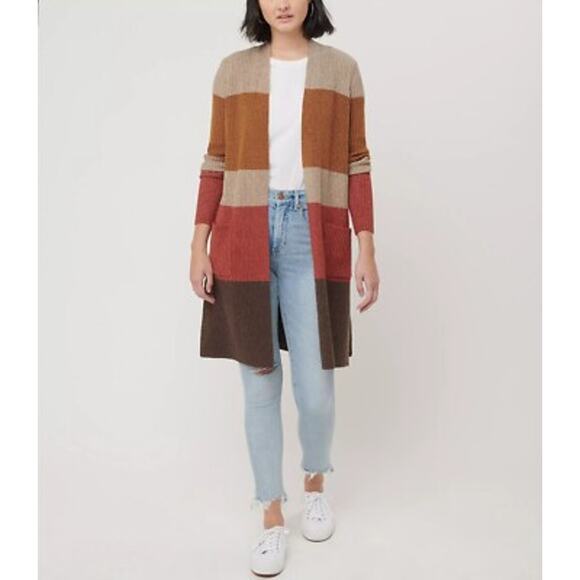 LOFT Colorblock Patch Pocket Open Front Ribbed Cardigan Sweater Multi Small - Picture 1 of 5